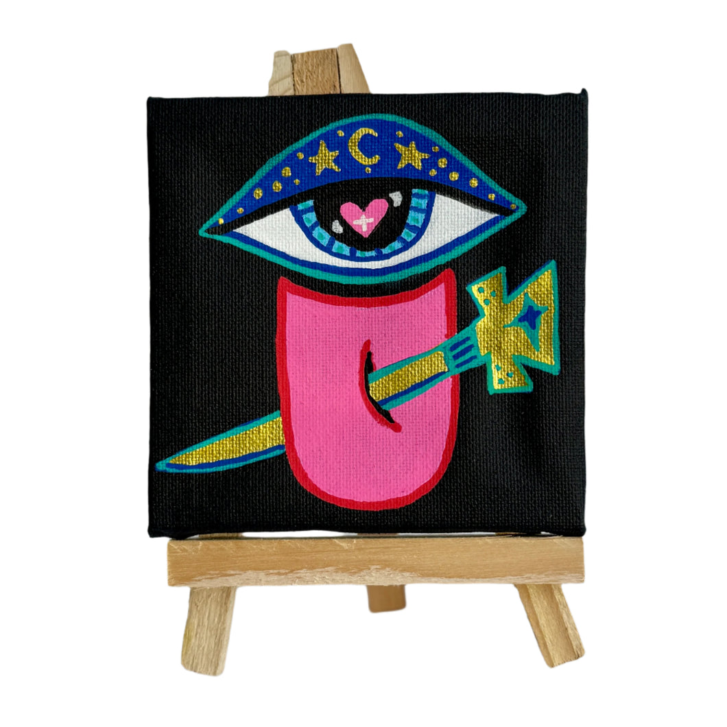 See No Evil Speak No Evil - Cuban Evil Eye & Tongue Painting - Original Mini Painting with Easel