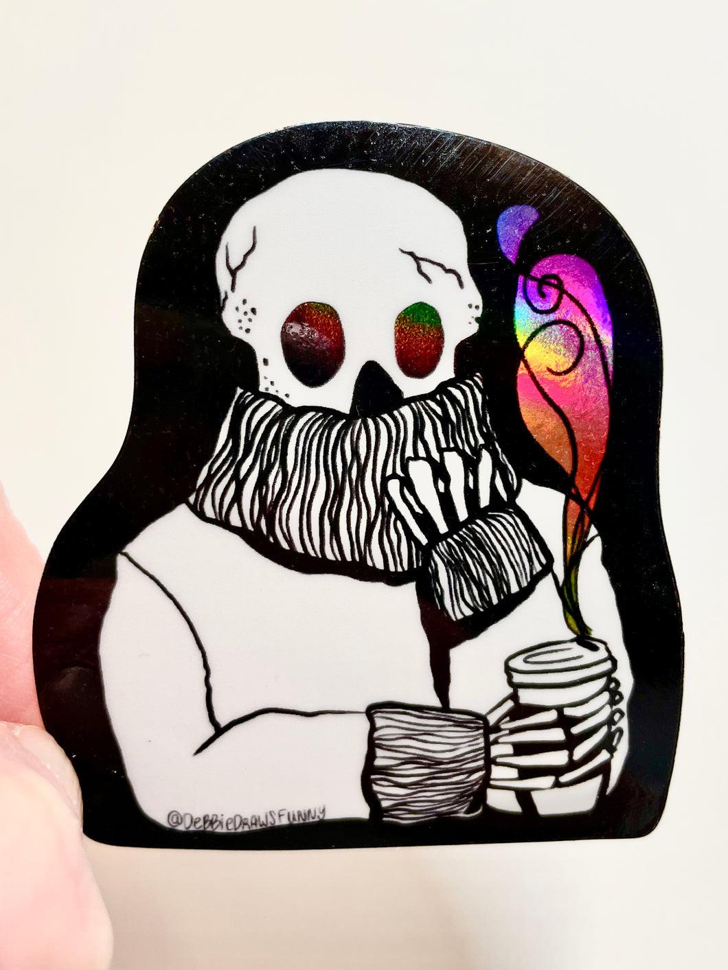 Rainbow Holo Coffee & Contemplation Skeleton vinyl sticker