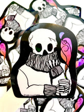 Load image into Gallery viewer, Rainbow Holo Coffee &amp; Contemplation Skeleton vinyl sticker

