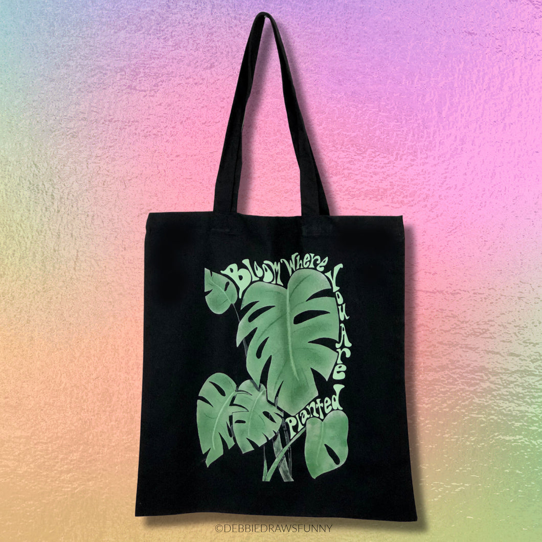 Bloom Where You Are Planted Monstera Leaves Boho Style Tote Bag