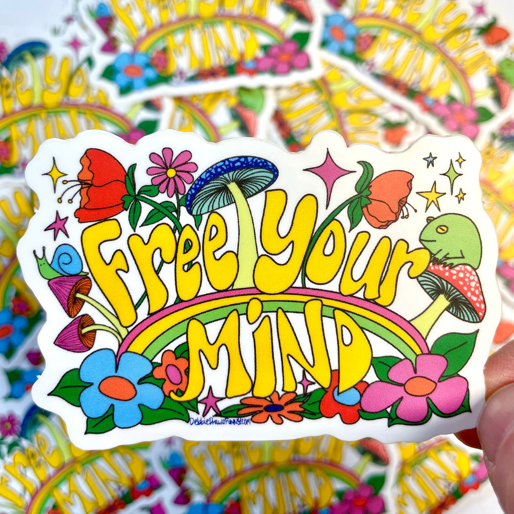 Free Your Mind Hippie Sticker, Rainbow Mushroom Flower Power Magic Sticker