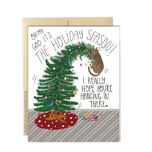 Load image into Gallery viewer, Hang in There! Cat on a Christmas Tree Funny Holiday Card
